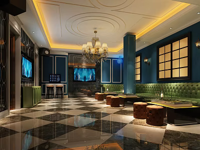 Luxurious KTV Interior With Blue Walls Green Sofa Chandelier Marble Floor And TV Screens 3d model