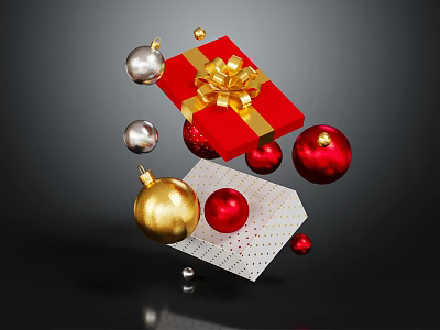 Household Living Supplies Red Gift Box With Gold Ribbon And Decorative Balls 3d model
