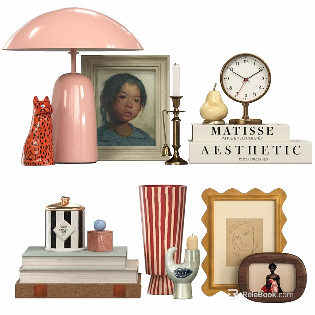 Decorative Ornaments Set With Pink Table Lamp Leopard Cat Figurine Portrait Painting And Vase 3d model 