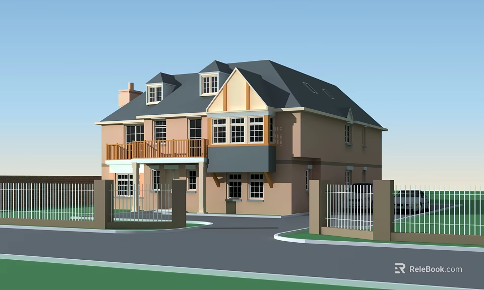 Two Story Brown Detached Villa With Dark Roof Front Balcony And Fenced Entrance 3d model 