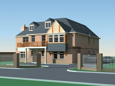 Two Story Brown Detached Villa With Dark Roof Front Balcony And Fenced Entrance 3d model