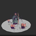 Character In Green Robe Standing With Pink Pigs And Twigs On White Ground