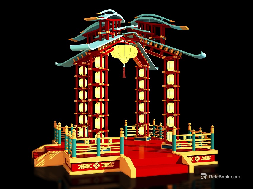 Chinese Traditional Stage With Ornate Wooden Curved Eaves Red Pillars Railing And Hanging Lantern 3d model 