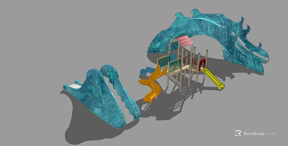 Kids Play Area With Wavy Blue Climbing Structures Orange Yellow Slides And Play Platforms 3d model 