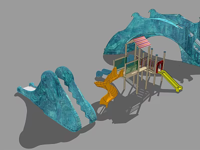 Kids Play Area With Wavy Blue Climbing Structures Orange Yellow Slides And Play Platforms 3d model