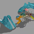 Kids Play Area With Wavy Blue Climbing Structures Orange Yellow Slides And Play Platforms
