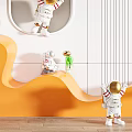 Vibrant Astronaut Sculptures With Gold Accents In Orange And White Background And Wavy Display Platforms