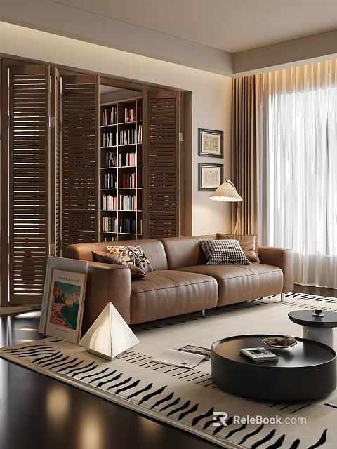 Warm Retro Brown Leather Sofa And Round Coffee Table Set For Cozy Living Room 3d model 