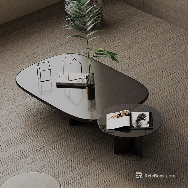 Modern Sofa Coffee Table Set Black Irregular Design with Round Side Table Magazines Green Plant 3d model 