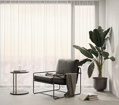 Modern Accent Chair with Side Table Books Blanket Green Plant and Window City View 3d model