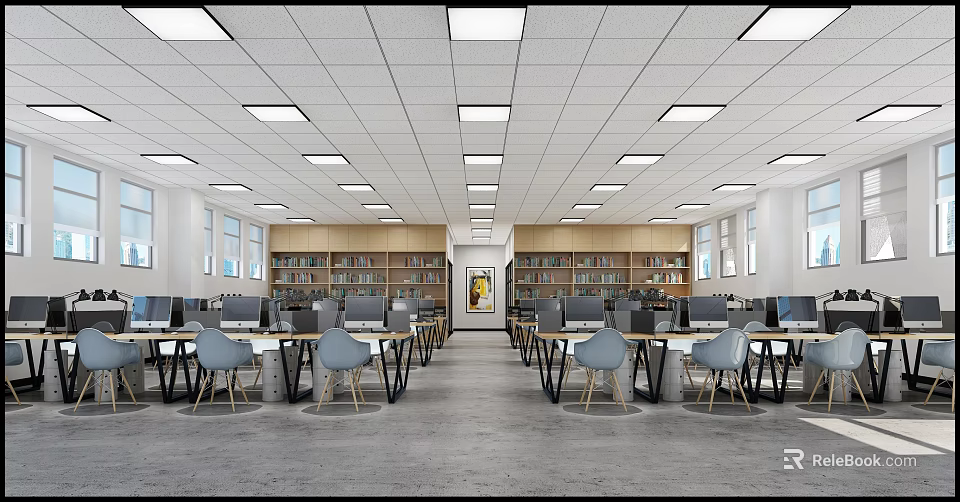 Spacious Modern Office Interior With Desks Computers Bookshelves Windows And Ceiling Lights 3d model