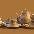 Cream Colored Tea Set With Teapot Teacups Saucers And Purple Floral Patterns