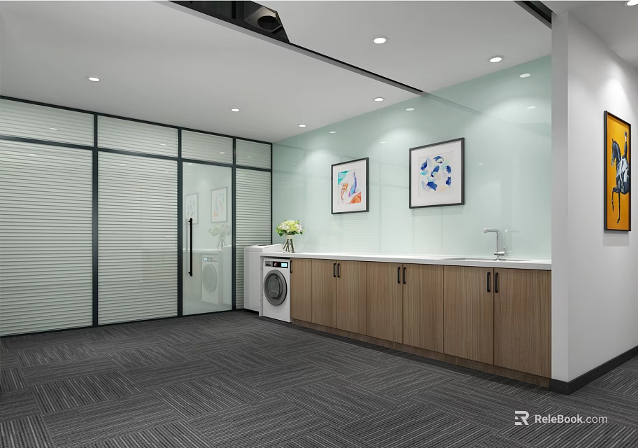 Modern Open Pantry With Glass Doors Wooden Cabinets White Countertop Decorative Paintings And Recessed Lights 3d model 