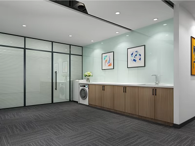 Modern Open Pantry With Glass Doors Wooden Cabinets White Countertop Decorative Paintings And Recessed Lights 3d model