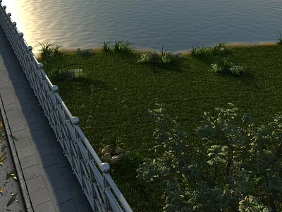 Serene Garden Landscape With Waterfront Green Grass White Railing Stone Pathway And Lush Trees 3d model