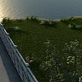 Serene Garden Landscape With Waterfront Green Grass White Railing Stone Pathway And Lush Trees