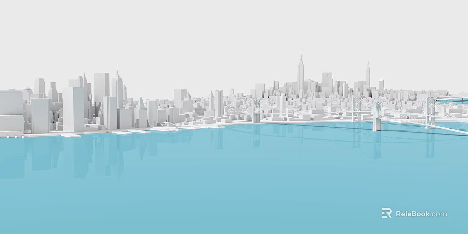 Modern City Skyline Featuring White Buildings And Blue Water Reflections 3d model 