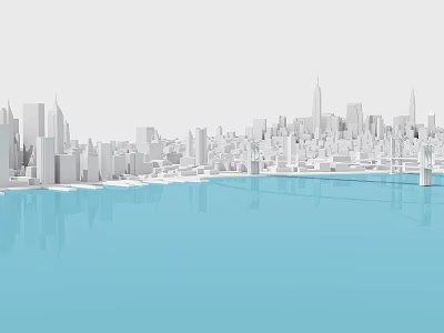 Modern City Skyline Featuring White Buildings And Blue Water Reflections 3d model
