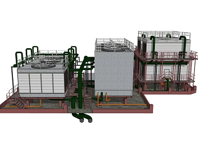 Industrial Air Conditioning Fan System With Cooling Towers And Pipes Structure 3d model