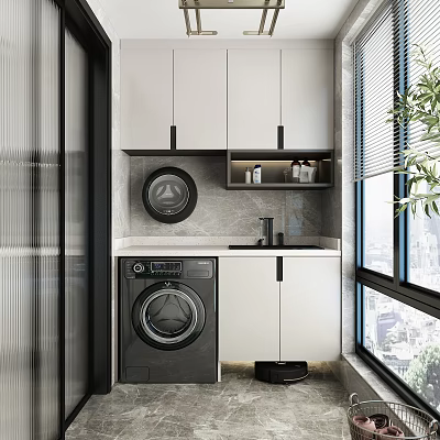 Home Balcony Laundry Area With Washing Machine White Cabinets Window And Green Plant 3d model