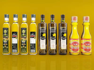 Various Types Of Condiment Bottles Arranged On Yellow Background With Labels 3d model