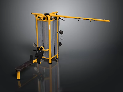 Yellow Multi functional Fitness Training Equipment With Bench And Weight Plates 3d model