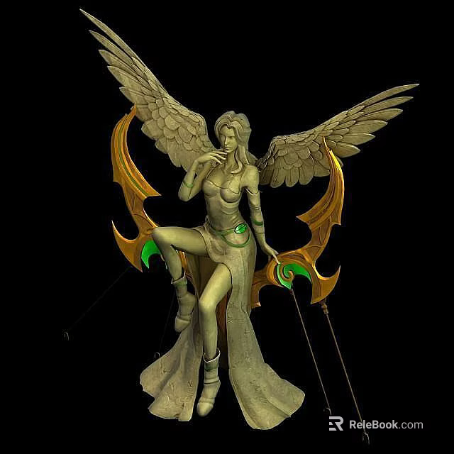 Technology Exhibition Hall Displays Angelic Sculpture With Wings Bow And Green Gold Accents 3d model 