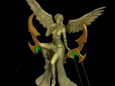 Technology Exhibition Hall Displays Angelic Sculpture With Wings Bow And Green Gold Accents 3d model