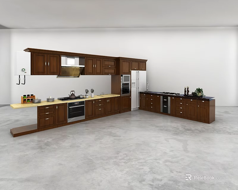 Spacious Modern Kitchen Interior With Brown Cabinets Island Counter And Stainless Appliances 3d model 