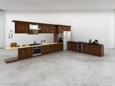 Spacious Modern Kitchen Interior With Brown Cabinets Island Counter And Stainless Appliances 3d model