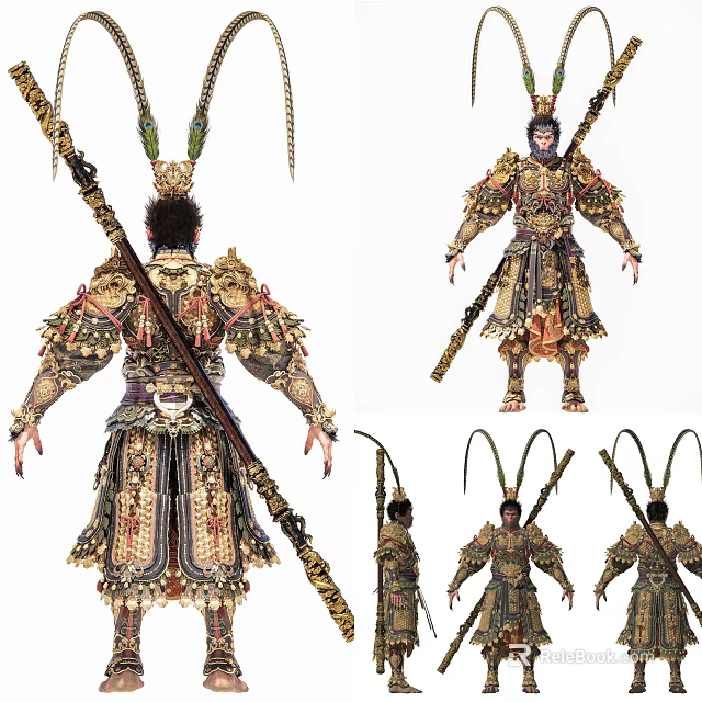 Game Movie Character Monkey King Wearing Ornate Armor Holding Golden Staff With Plumed Headdress 3d model 