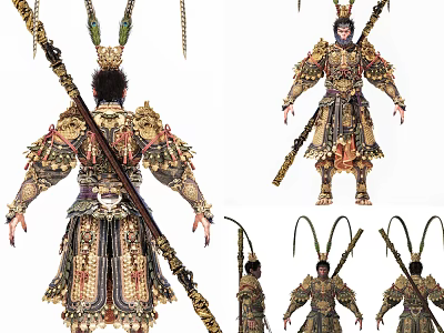 Game Movie Character Monkey King Wearing Ornate Armor Holding Golden Staff With Plumed Headdress 3d model