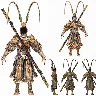 Game Movie Character Monkey King Wearing Ornate Armor Holding Golden Staff With Plumed Headdress 3d model