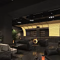 Modern Luxurious Bar Interior Design With Black Leather Sofas Plants And Pendant Lights 3d model