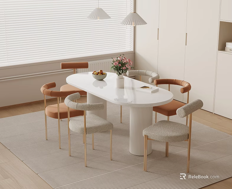 Elegant Modern White Oval Dining Table With Upholstered Beige Brown Chairs And Pendant Lights 3d model 