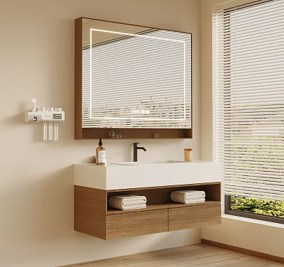 Modern Wooden Bathroom Vanity Cabinet with Mirror Sink Basin and Towel Storage 3d model
