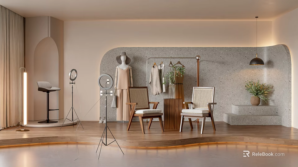 Modern Public Office Space Interior With Wooden Chairs Floor Lamps And Green Plants 3d model 