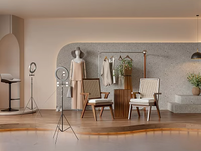Modern Public Office Space Interior With Wooden Chairs Floor Lamps And Green Plants 3d model