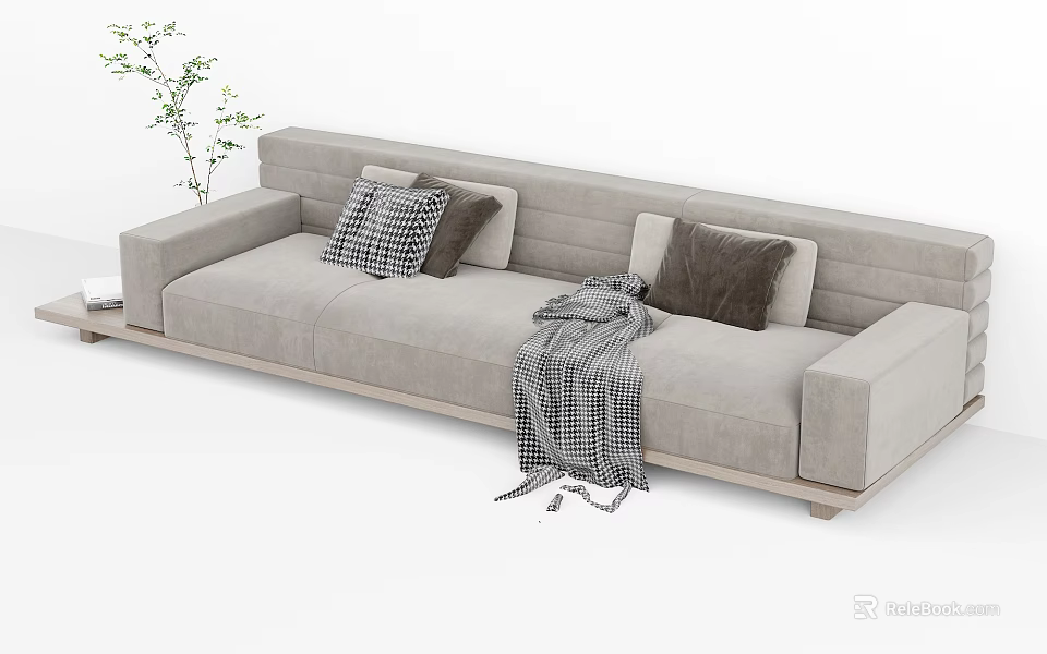 Elegant Light Gray Multi Person Sofa With Plaid Blanket And Throw Pillows 3d model