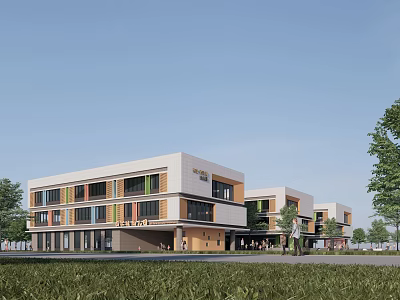 Modern School Building Exterior With Colorful Windows White Facade Green Lawn And Trees 3d model