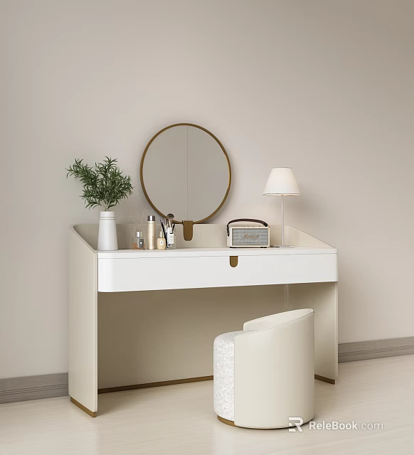 Modern White Dressing Table With Round Mirror Lamp Cosmetics And Potted Plant 3d model 
