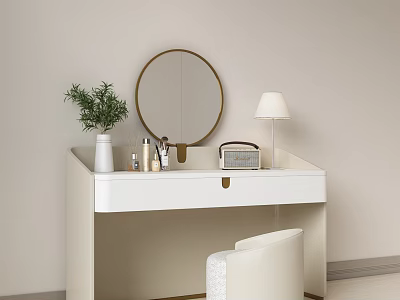 Modern White Dressing Table With Round Mirror Lamp Cosmetics And Potted Plant 3d model