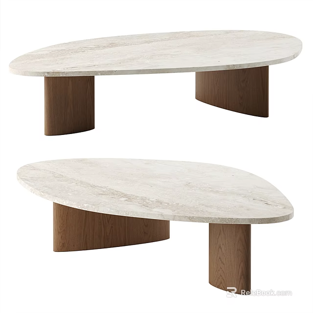 Modern Coffee Table With Oval Marble Top and Wooden Cylindrical Legs 3d model 