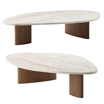 Modern Coffee Table With Oval Marble Top and Wooden Cylindrical Legs 3d model