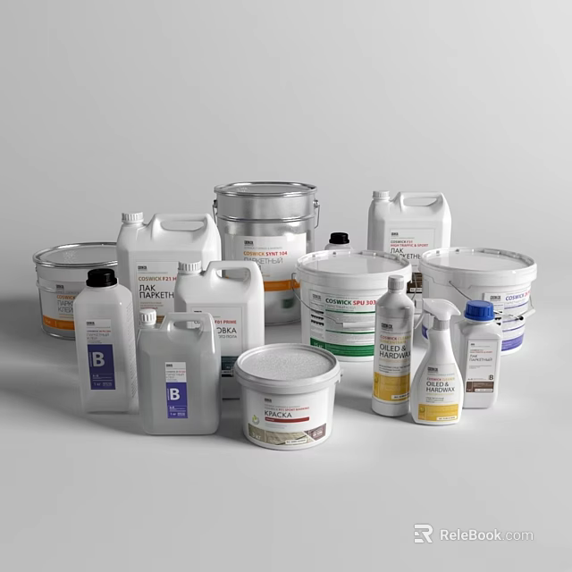 Assorted Cleaning Product Containers Combination With Plastic Bottles And Metal Buckets 3d model 