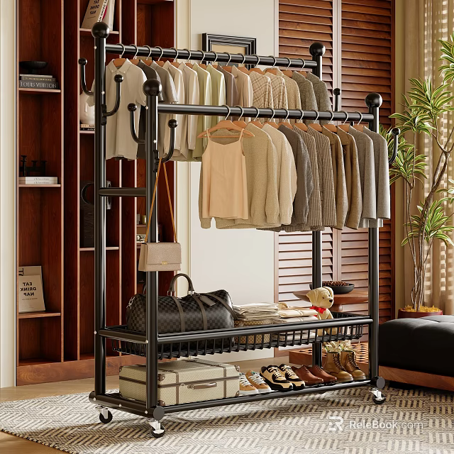 Multi Tiered Floor Standing Clothes Rack With Hanging Various Tops And Storage Shoes 3d model 