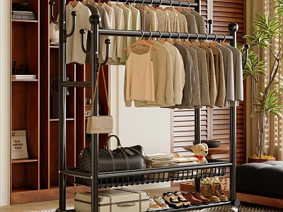 Multi Tiered Floor Standing Clothes Rack With Hanging Various Tops And Storage Shoes 3d model