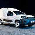 White Commercial Van With Single Cab Black Accents On Gray Floor Dark Background