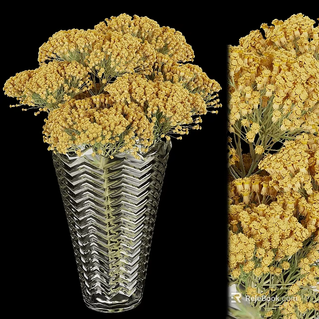 Decorative Ornament Set with Yellow Dried Flowers and Transparent Zigzag Vase 3d model 