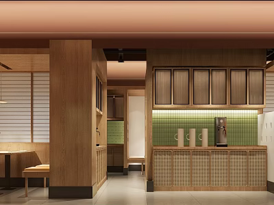 Modern Restaurant Interior With Wooden Structures Green Tile Wall And Cabinetry 3d model